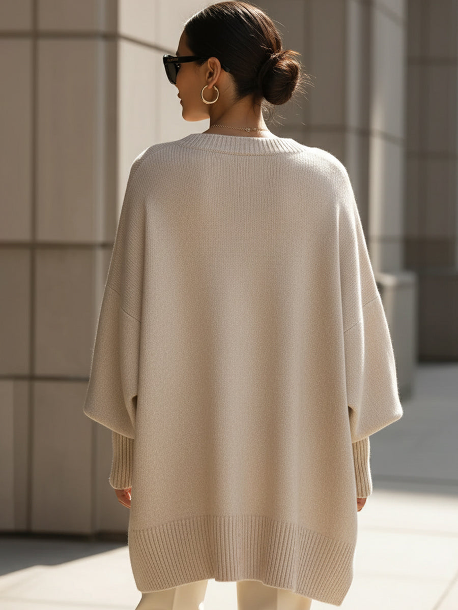 Poncho Femme Oversize Encolure Ronde Côtelée Épaules Tombantes
