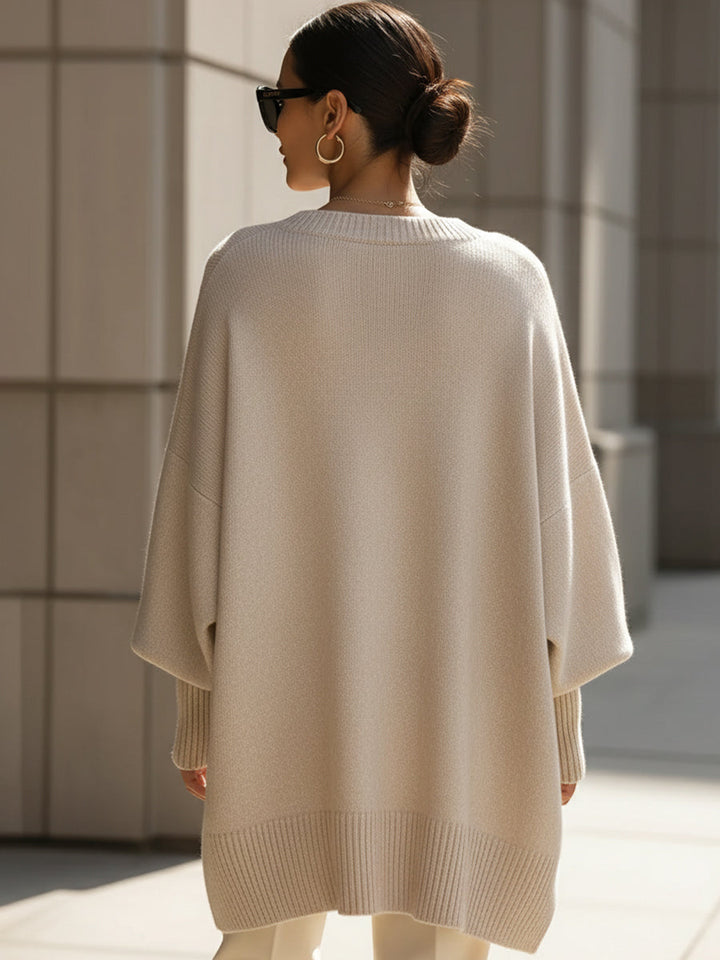 Poncho Femme Oversize Encolure Ronde Côtelée Épaules Tombantes