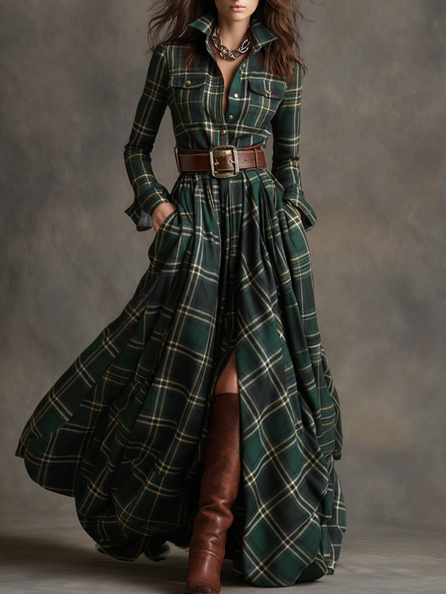 Robe Longue Femme à Carreaux Ceinturée Coupe Régulière