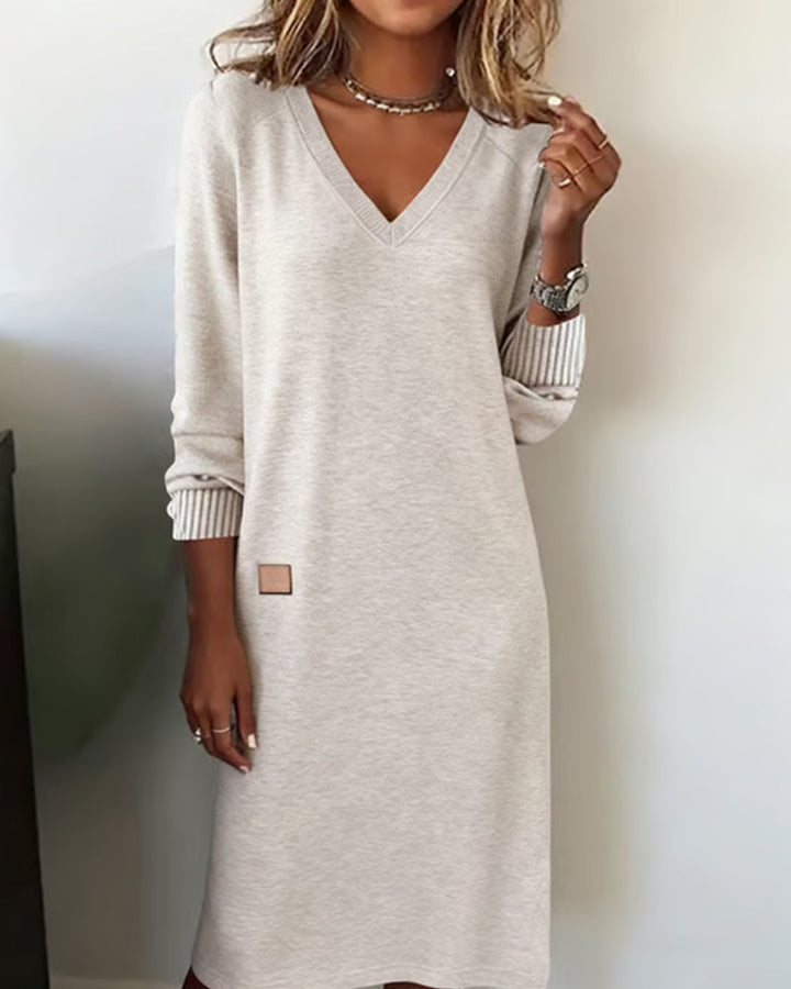 Robe Pull Femme Décolleté en V Longueur Midi Manches Longues