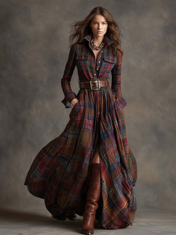 Robe Longue Femme à Carreaux Ceinturée Coupe Régulière