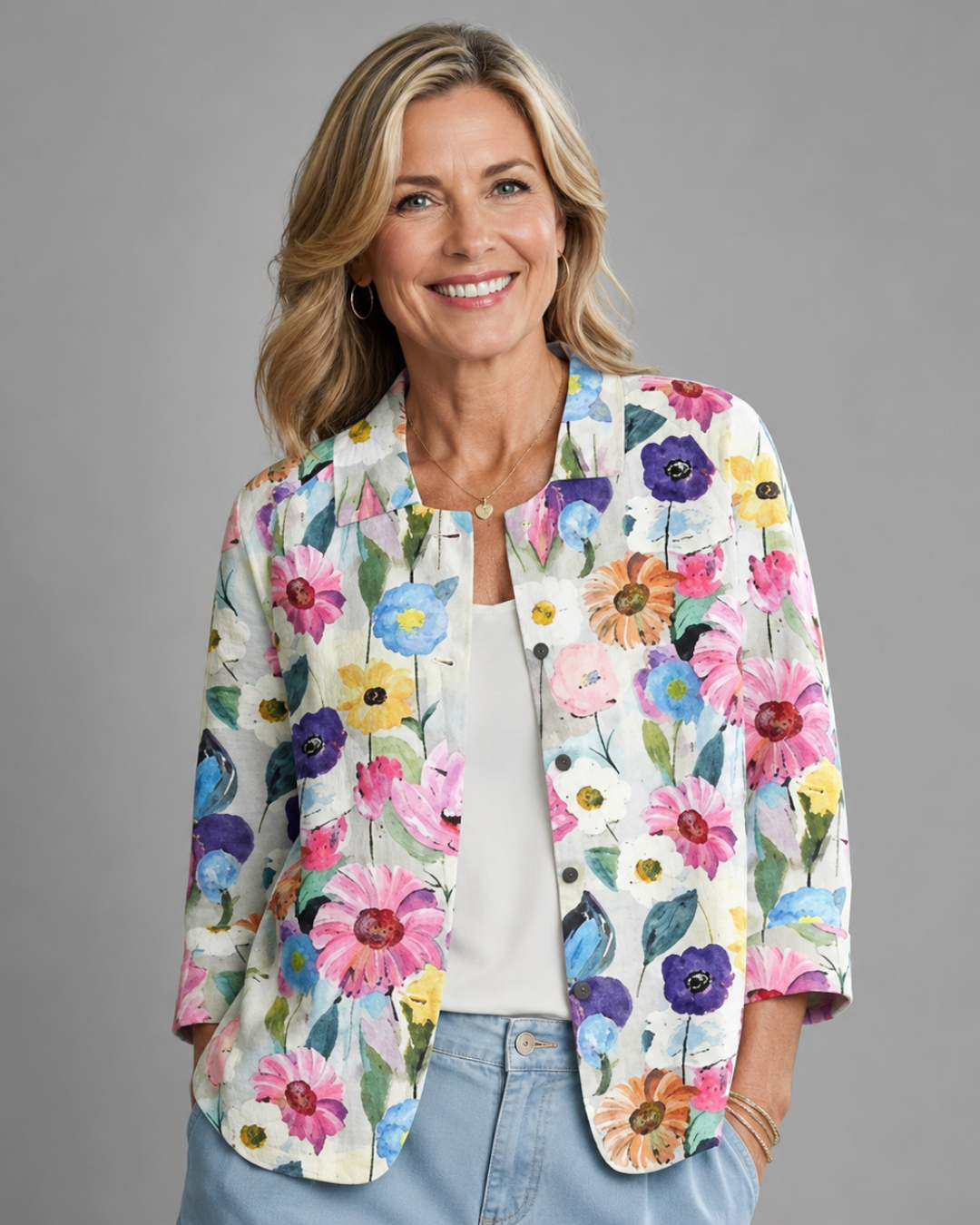 Blouse ample à fleurs peintes à la main sur fond crème, col pointu et boutonnage ton sur ton