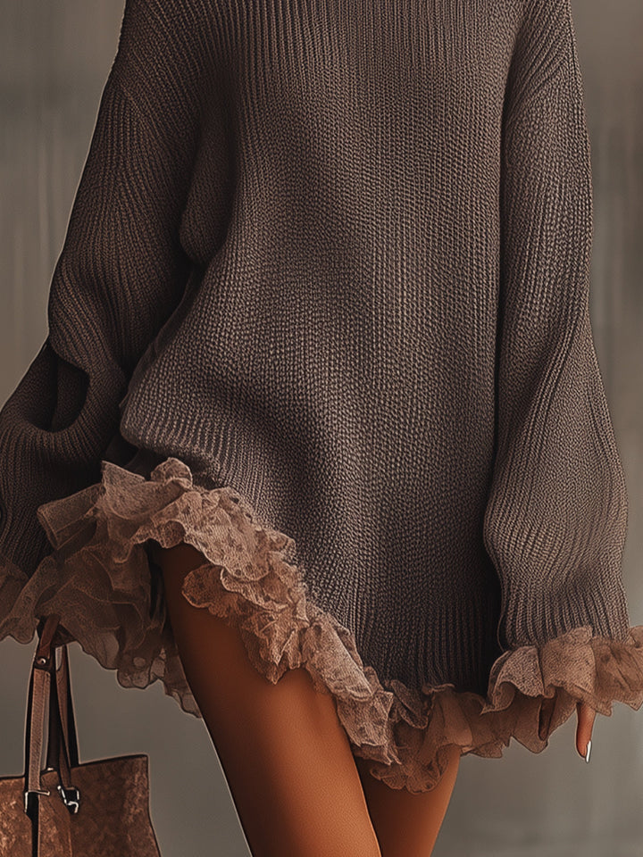 Robe Pull Femme Col Haut Coupe Oversize Volants Manches Larges Marron