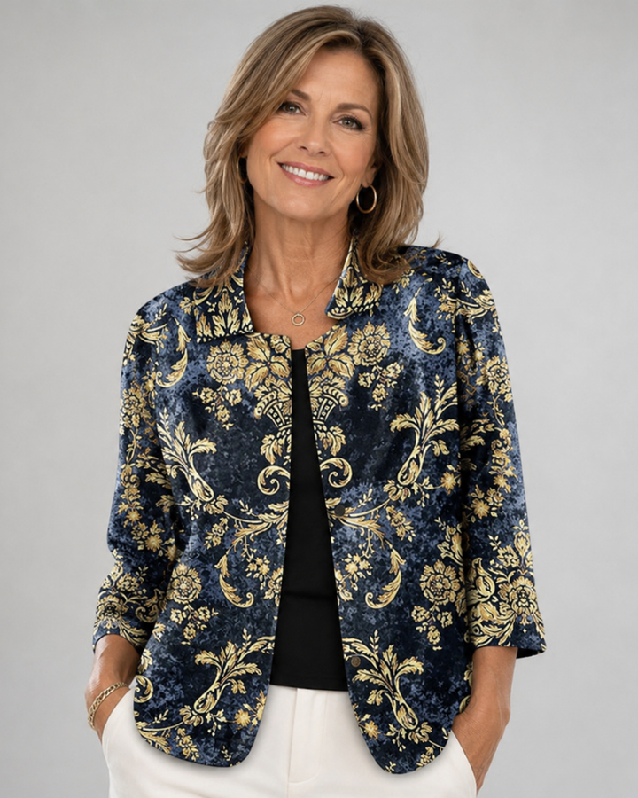 Chemise ouverte à volutes baroques dorées sur fond bleu indigo, col pointu