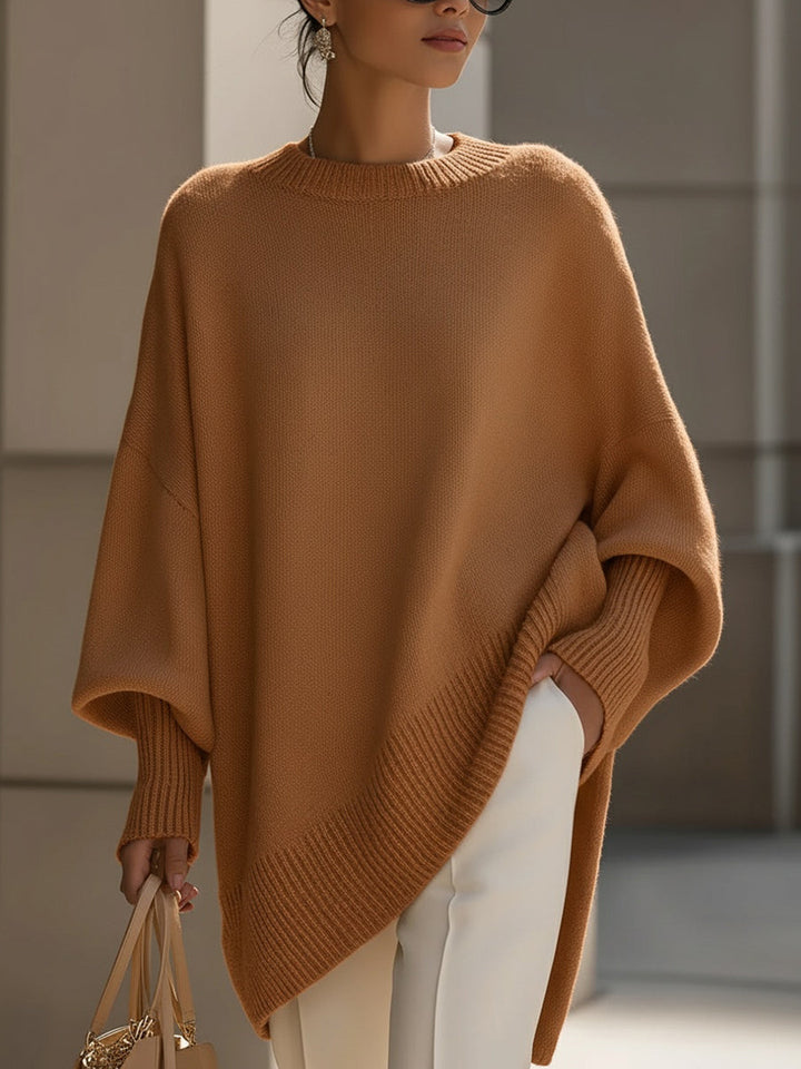 Poncho Femme Oversize Encolure Ronde Côtelée Épaules Tombantes