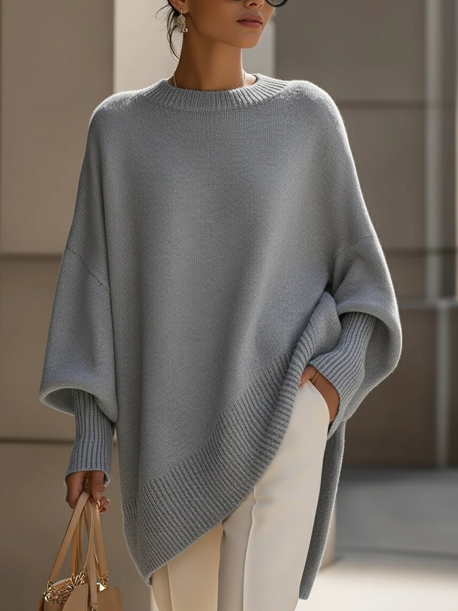 Poncho Femme Oversize Encolure Ronde Côtelée Épaules Tombantes