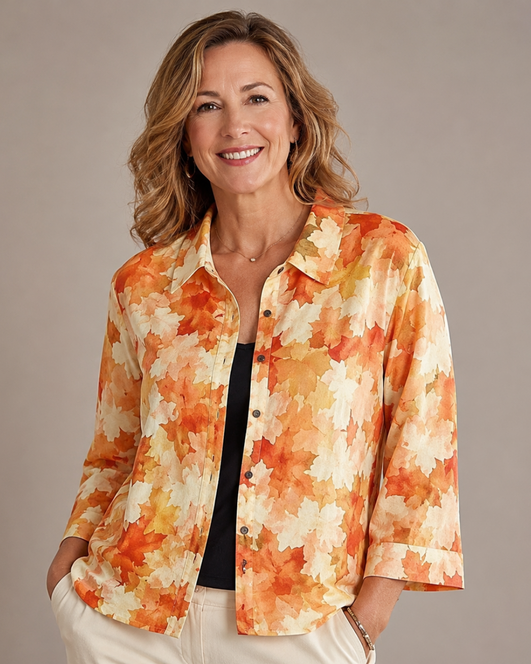 Blouse ouverte à imprimé feuillage aquarelle ambre et abricot, col pointu