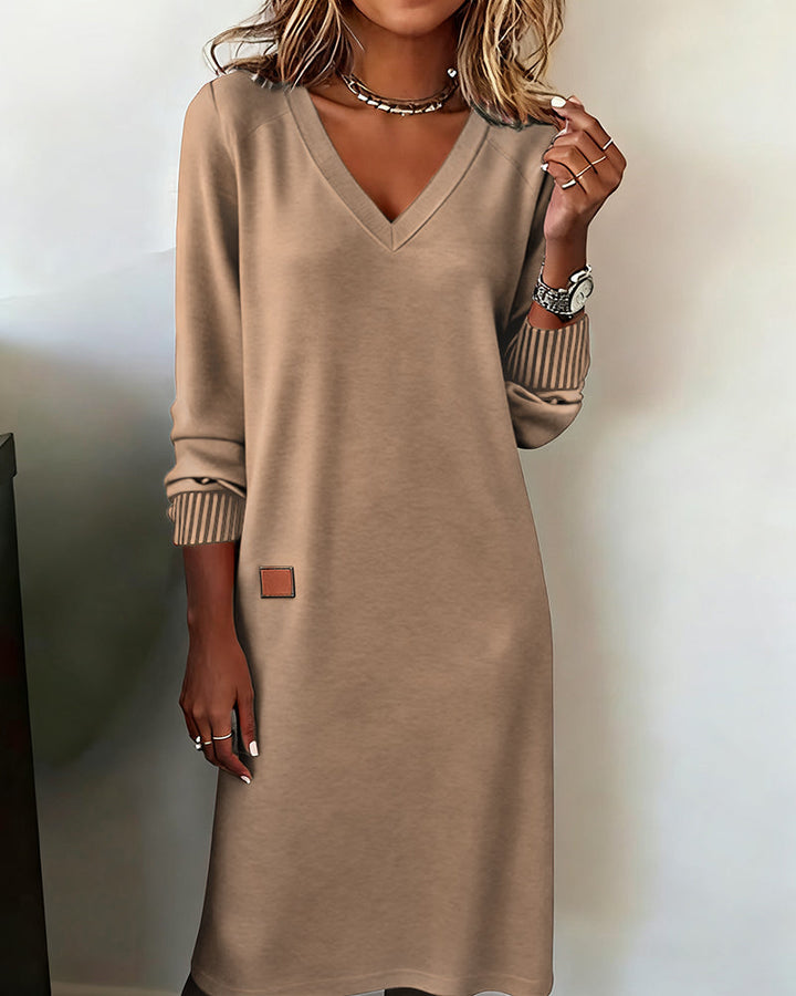 Robe Pull Femme Décolleté en V Longueur Midi Manches Longues