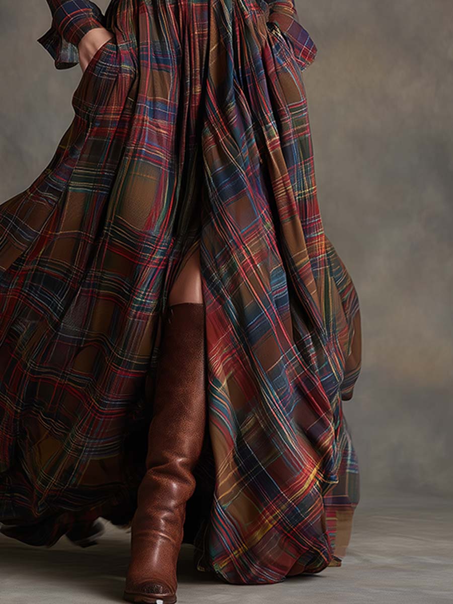 Robe Longue Femme à Carreaux Ceinturée Coupe Régulière
