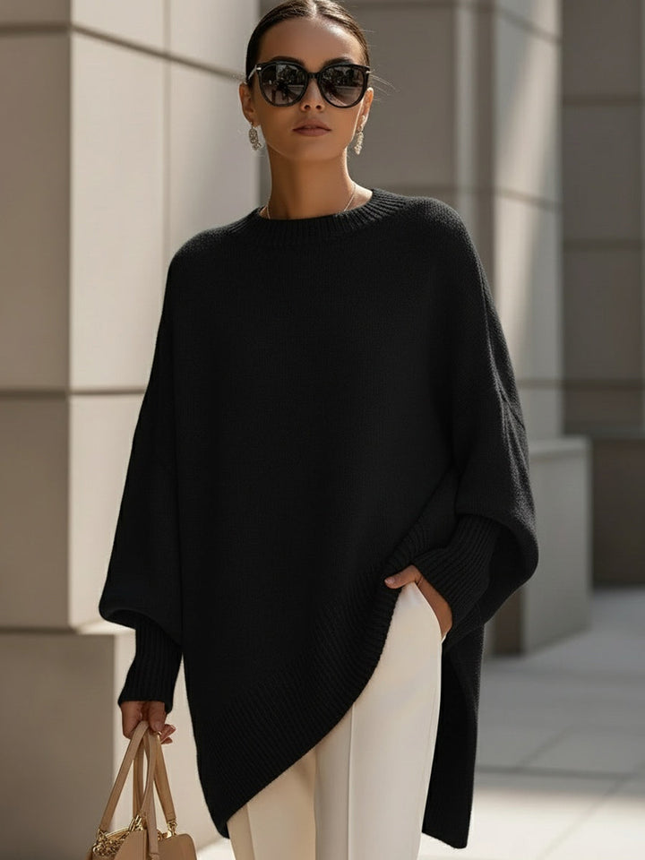 Poncho Femme Oversize Encolure Ronde Côtelée Épaules Tombantes