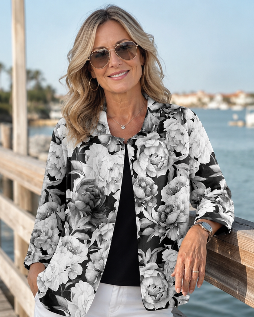 Chemise ouverte à imprimé floral noir et blanc, coupe carrée et col pointu
