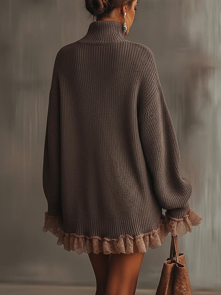 Robe Pull Femme Col Haut Coupe Oversize Volants Manches Larges Marron