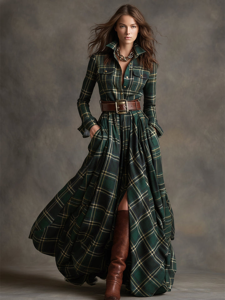 Robe Longue Femme à Carreaux Ceinturée Coupe Régulière