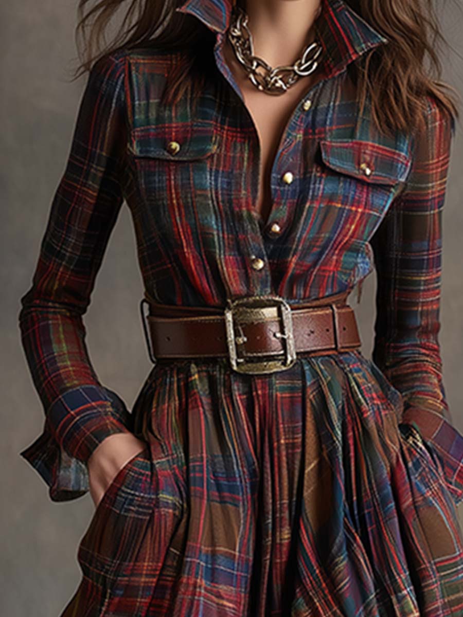 Robe Longue Femme à Carreaux Ceinturée Coupe Régulière