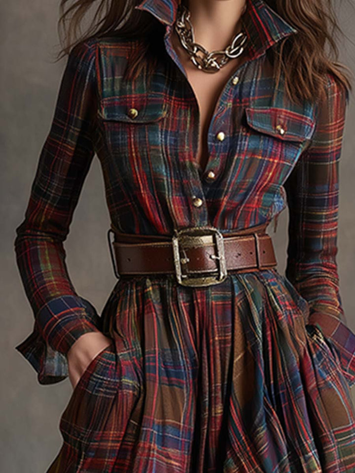Robe Longue Femme à Carreaux Ceinturée Coupe Régulière