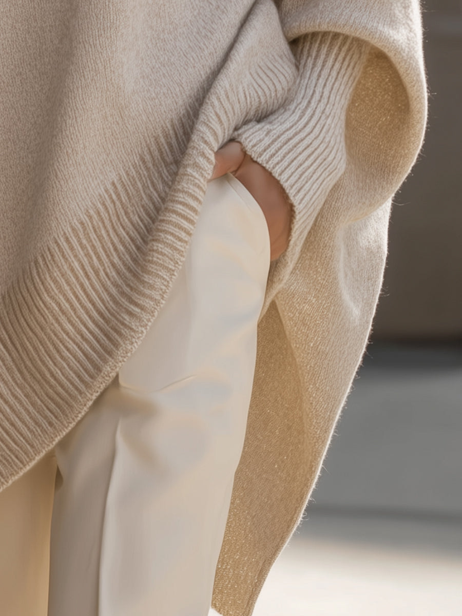 Poncho Femme Oversize Encolure Ronde Côtelée Épaules Tombantes