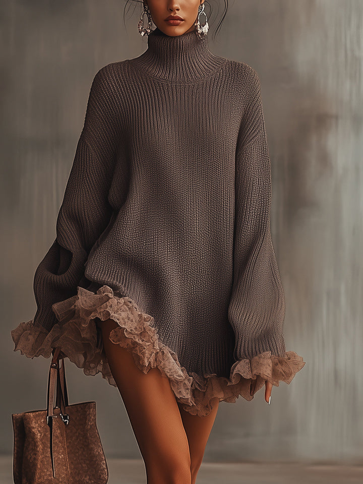 Robe Pull Femme Col Haut Coupe Oversize Volants Manches Larges Marron
