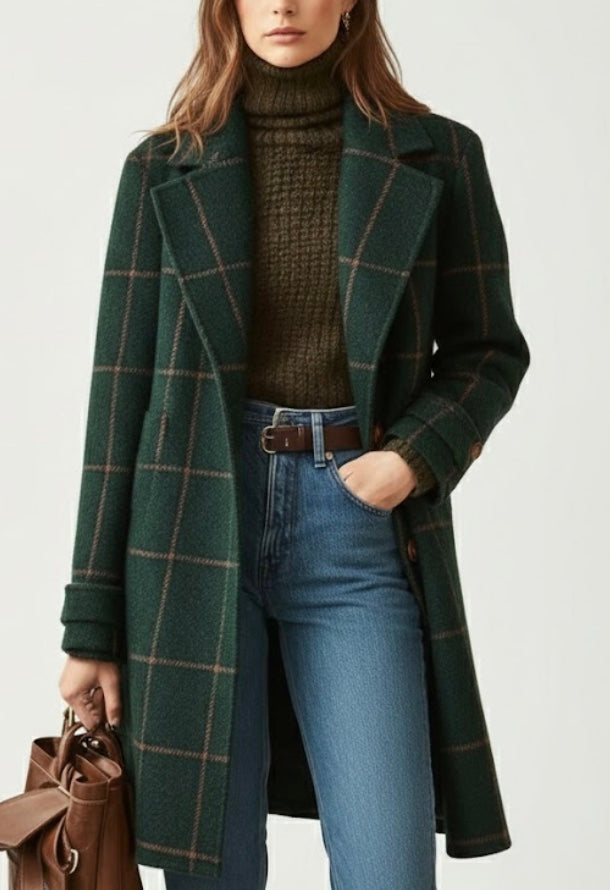 Manteau Femme à Carreaux Col à Revers Coupe Structurée Vert Foncé