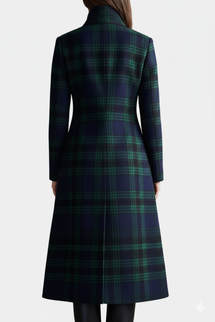 Manteau Femme Mi-Long à Carreaux Boutonné Coupe Structurée Vert