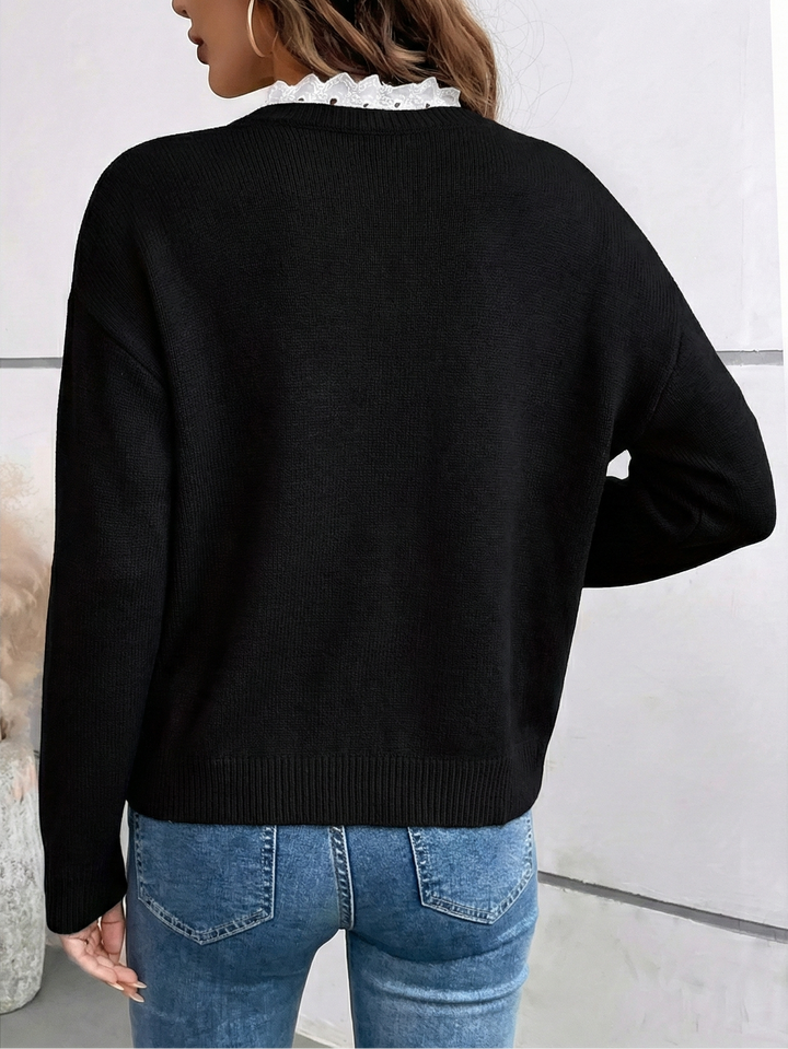 Pull Femme Col en Dentelle Décolleté en V Coupe Fluide