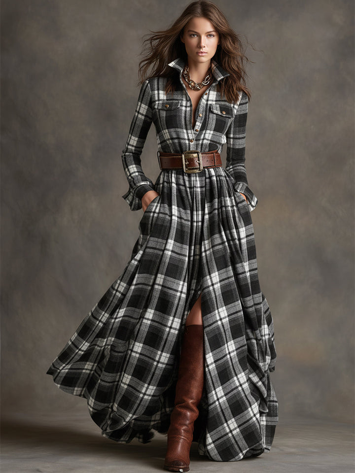 Robe Longue Femme à Carreaux Ceinturée Coupe Régulière