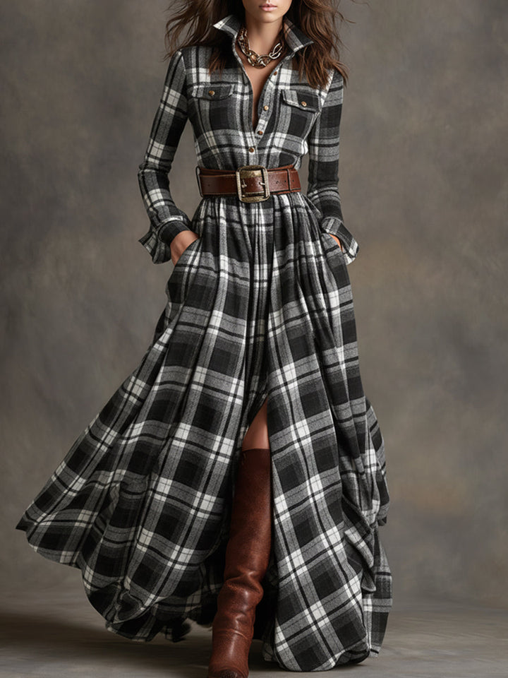 Robe Longue Femme à Carreaux Ceinturée Coupe Régulière