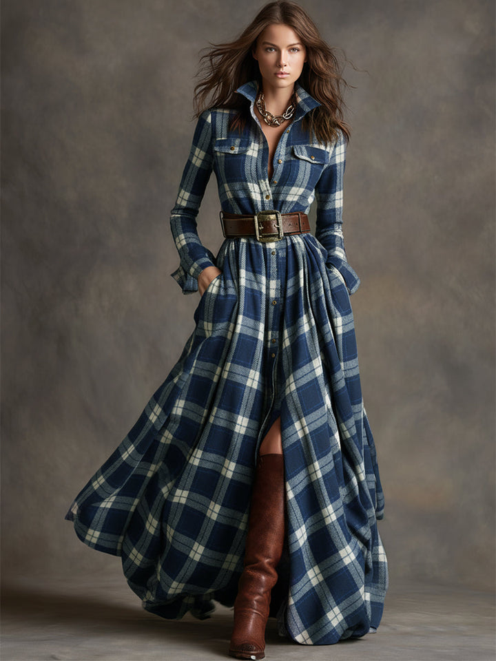 Robe Longue Femme à Carreaux Ceinturée Coupe Régulière