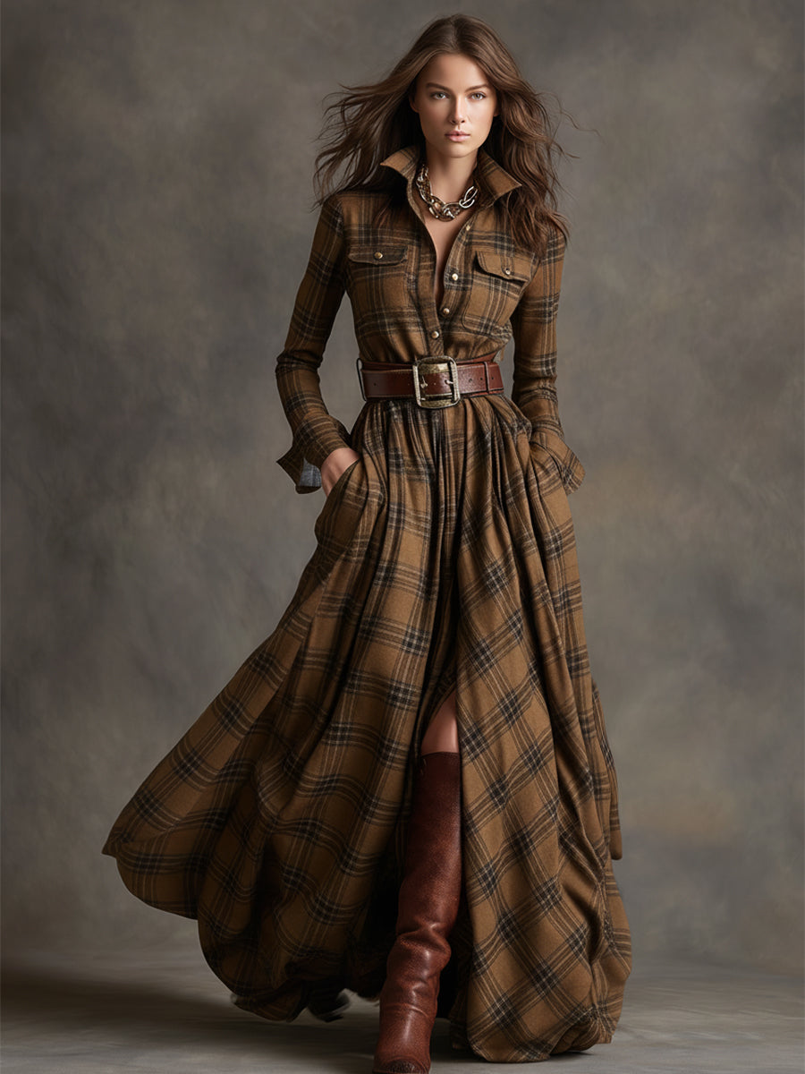 Robe Longue Femme à Carreaux Ceinturée Coupe Régulière