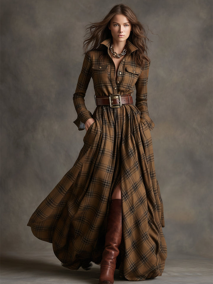 Robe Longue Femme à Carreaux Ceinturée Coupe Régulière