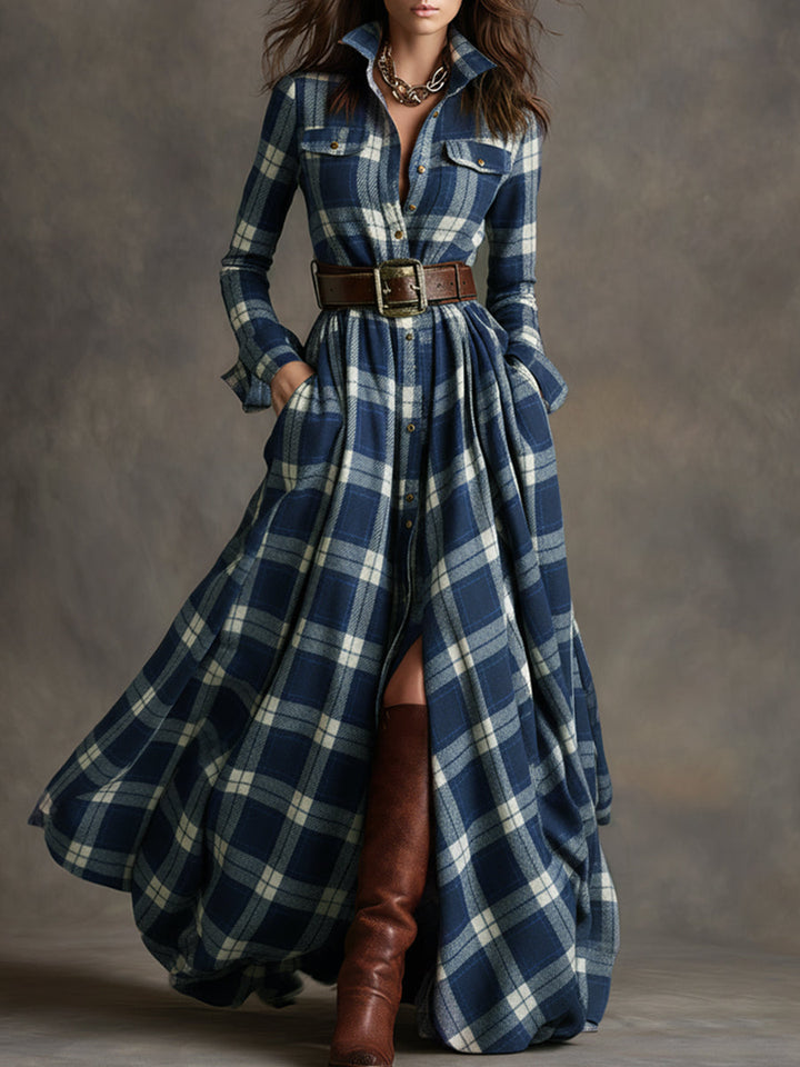 Robe Longue Femme à Carreaux Ceinturée Coupe Régulière