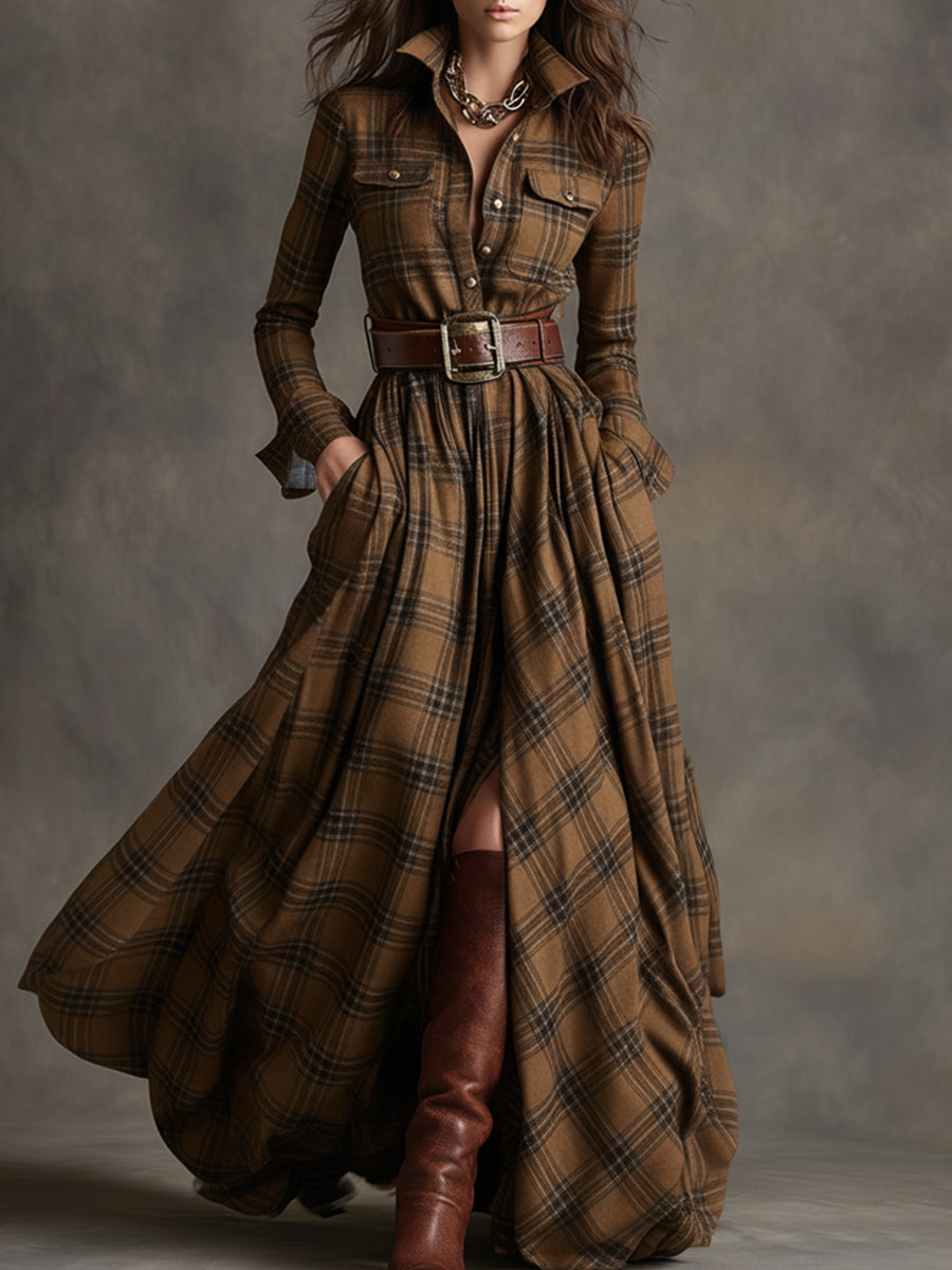 Robe Longue Femme à Carreaux Ceinturée Coupe Régulière