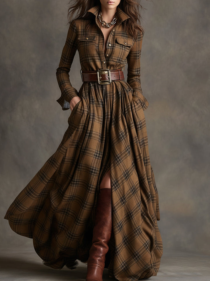Robe Longue Femme à Carreaux Ceinturée Coupe Régulière