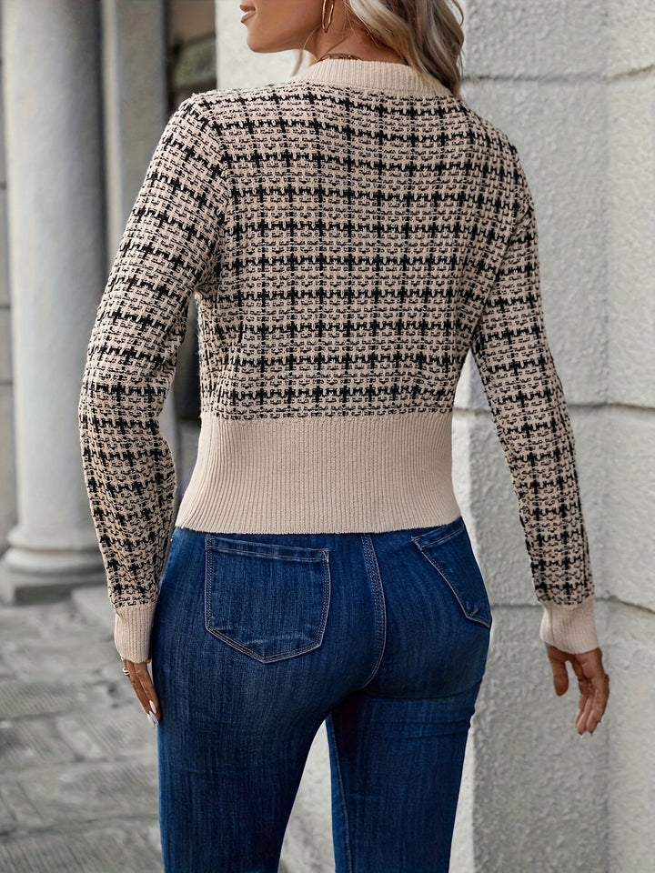 Cardigan en maille pied-de-poule avec boutons dorés et poches poitrine