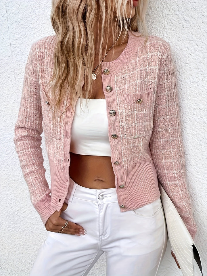 Cardigan en maille pied-de-poule avec boutons dorés et poches poitrine