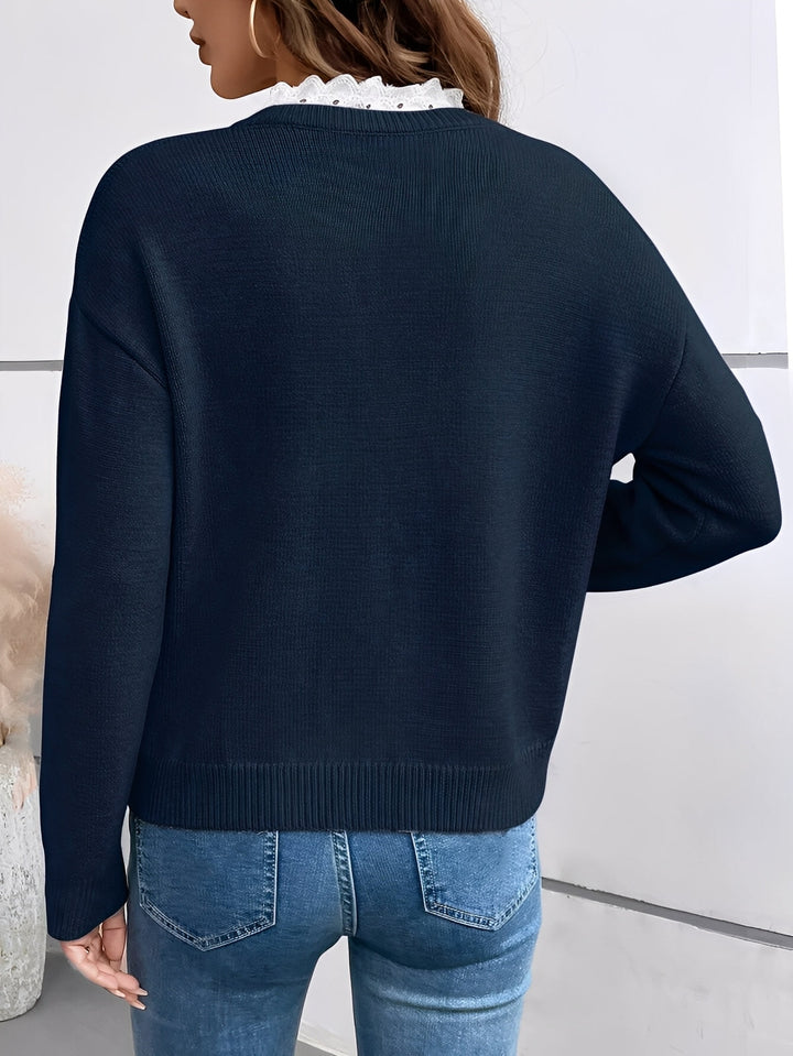 Pull Femme Col en Dentelle Décolleté en V Coupe Fluide