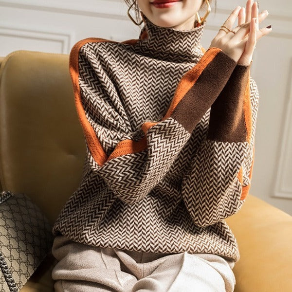 Pull Femme Col Roulé à Rayures Contrastées Manches Longues
