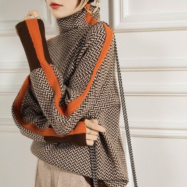 Pull Femme Col Roulé à Rayures Contrastées Manches Longues