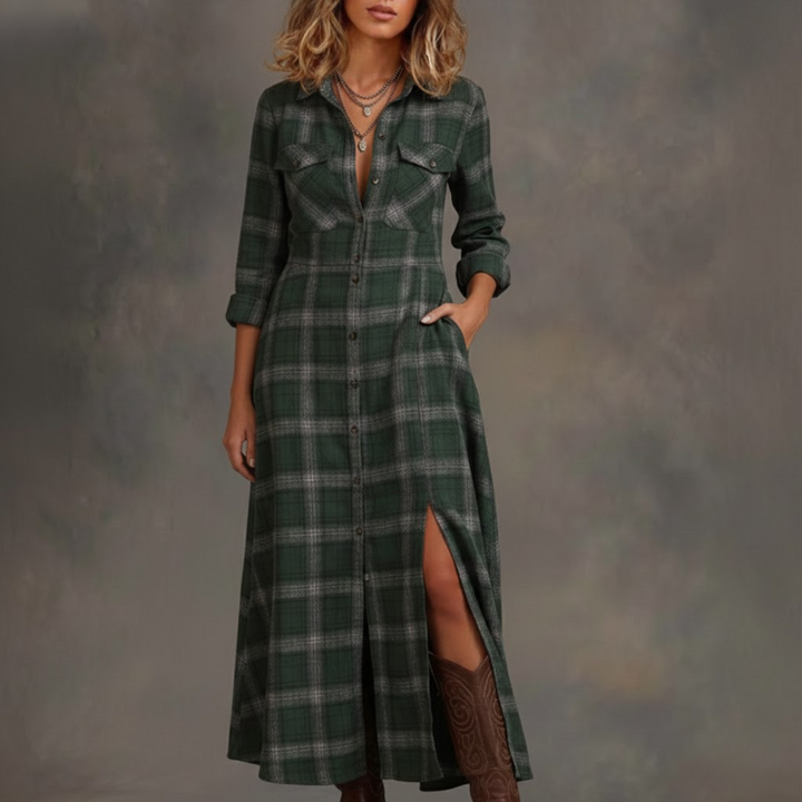 Robe Longue Femme Col Chemise Boutonnée Coupe Fluide Vert