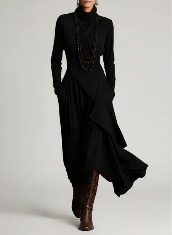 Robe Longue Femme Coupe Asymétrique Col Haut Manches Longues