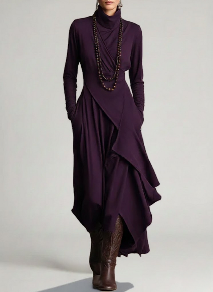 Robe Longue Femme Coupe Asymétrique Col Haut Manches Longues
