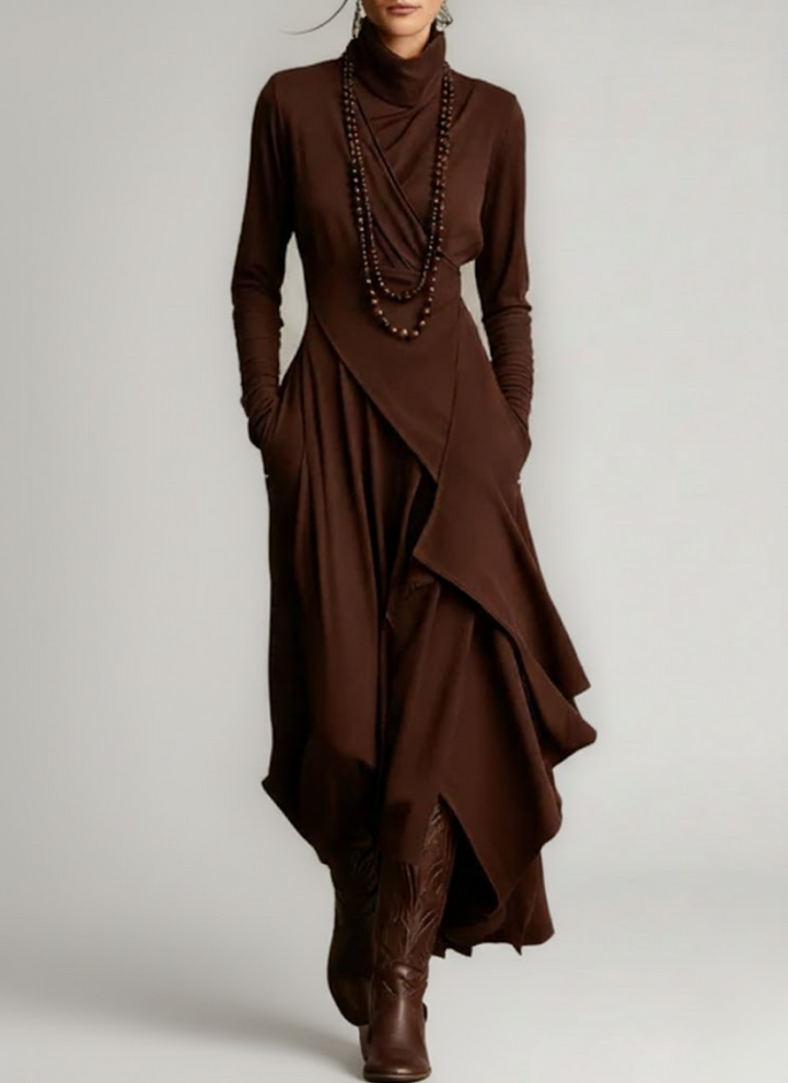 Robe Longue Femme Coupe Asymétrique Col Haut Manches Longues