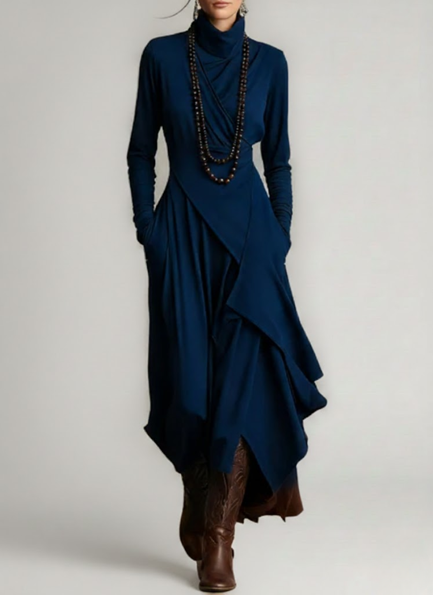 Robe Longue Femme Coupe Asymétrique Col Haut Manches Longues