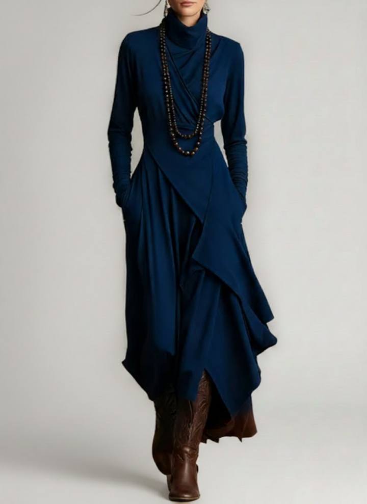 Robe Longue Femme Coupe Asymétrique Col Haut Manches Longues