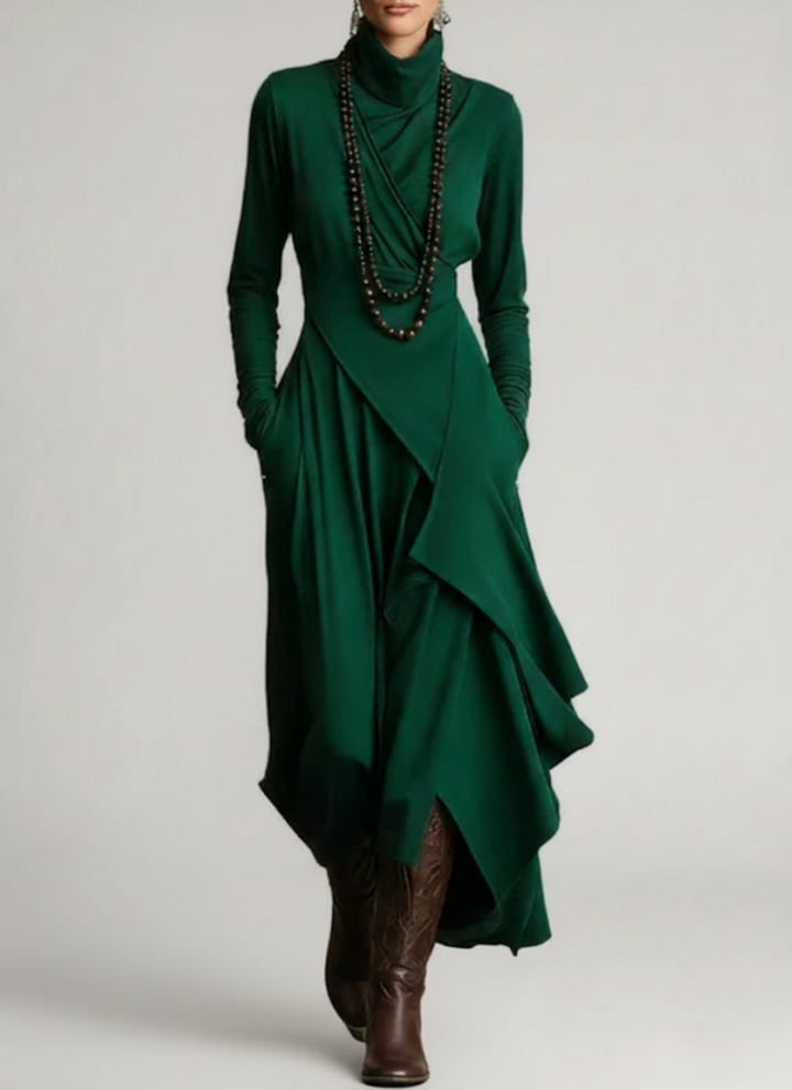 Robe Longue Femme Coupe Asymétrique Col Haut Manches Longues