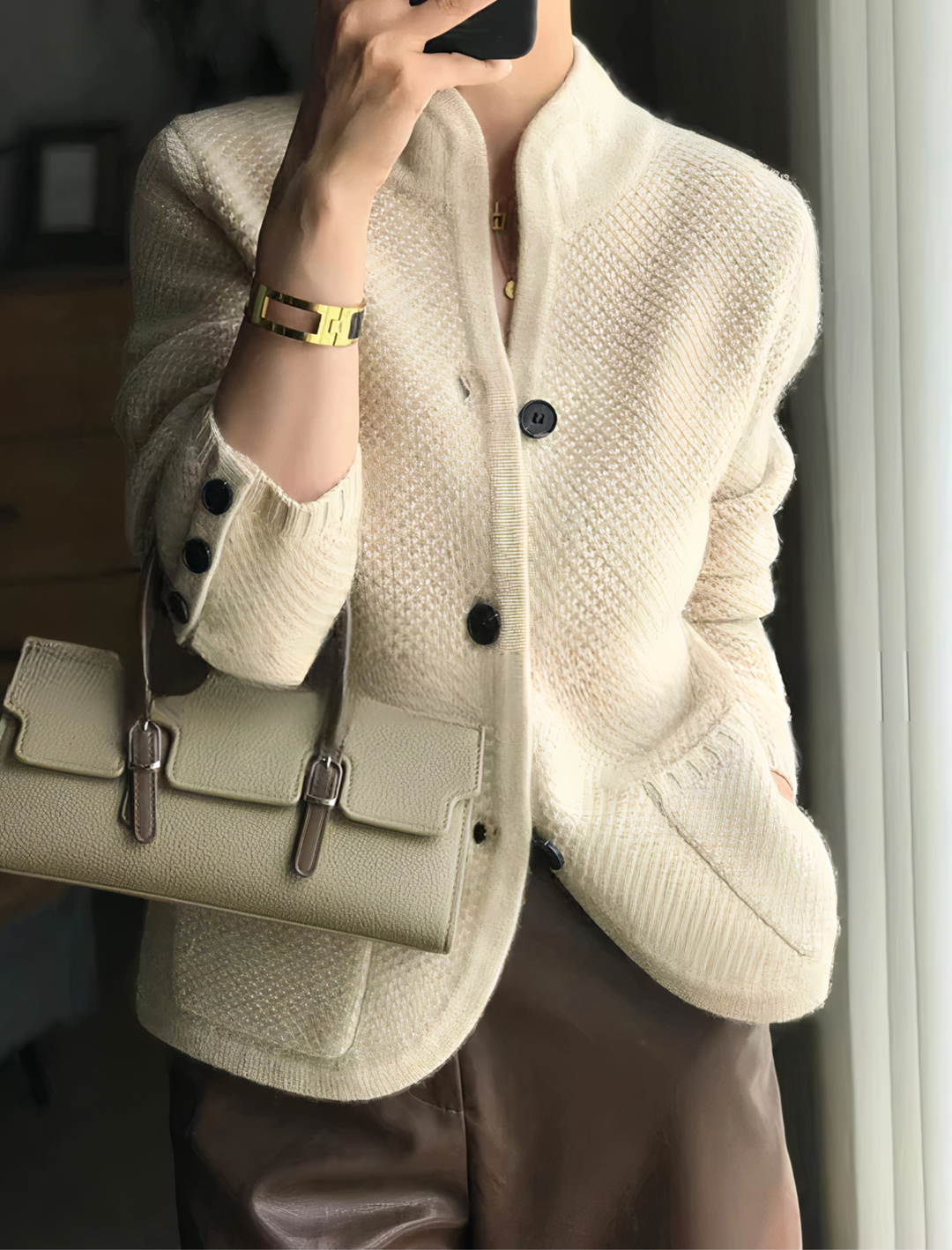 Cardigan en maille texturée avec col montant et poches plaquées