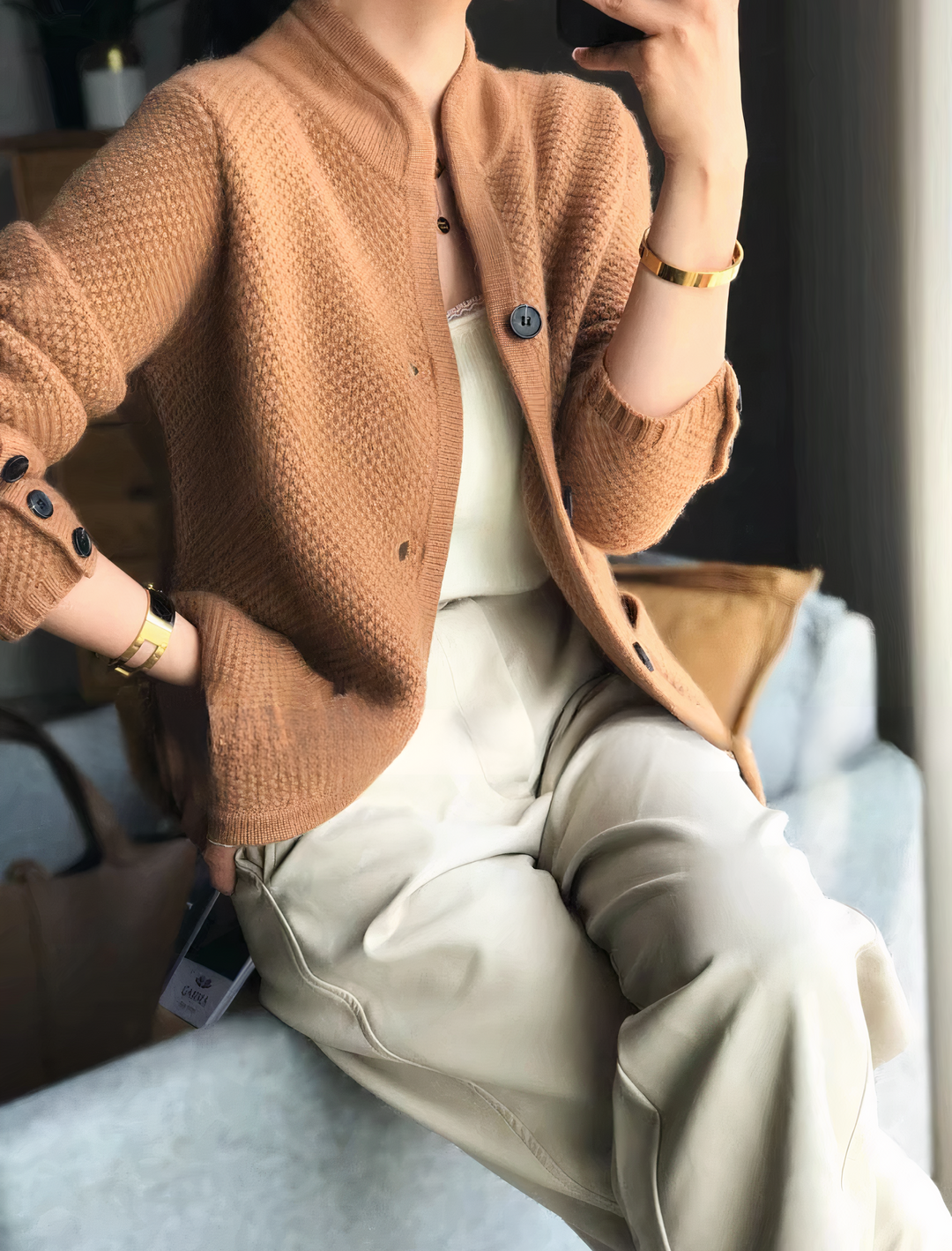Cardigan en maille texturée avec col montant et poches plaquées