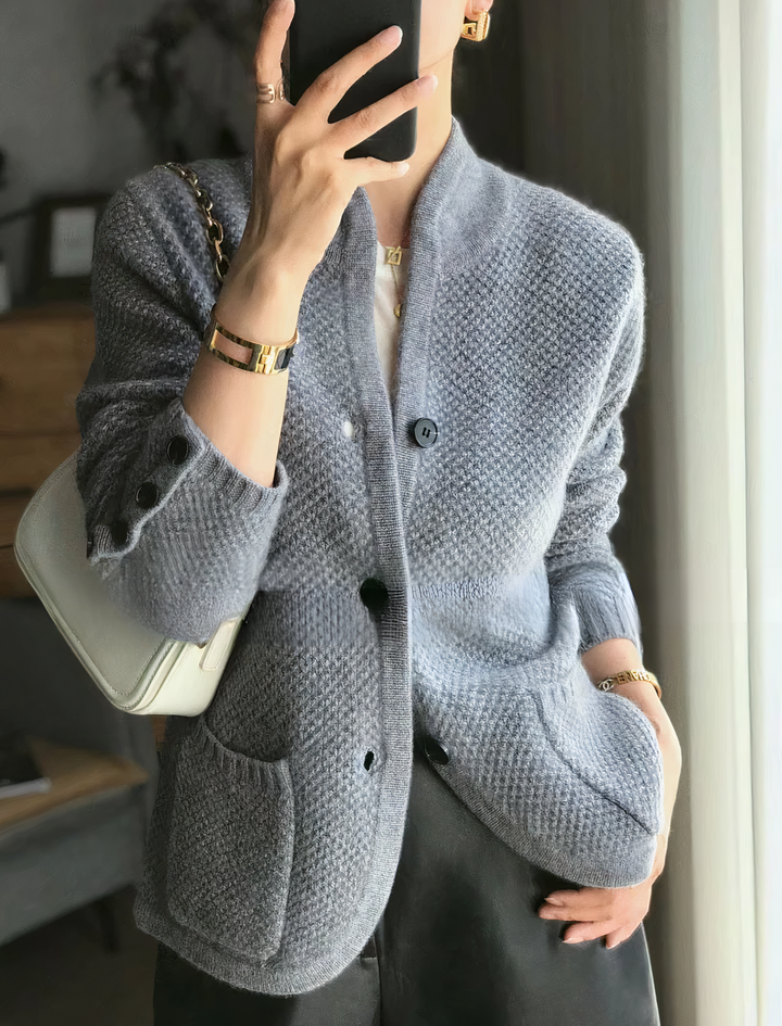 Cardigan en maille texturée avec col montant et poches plaquées