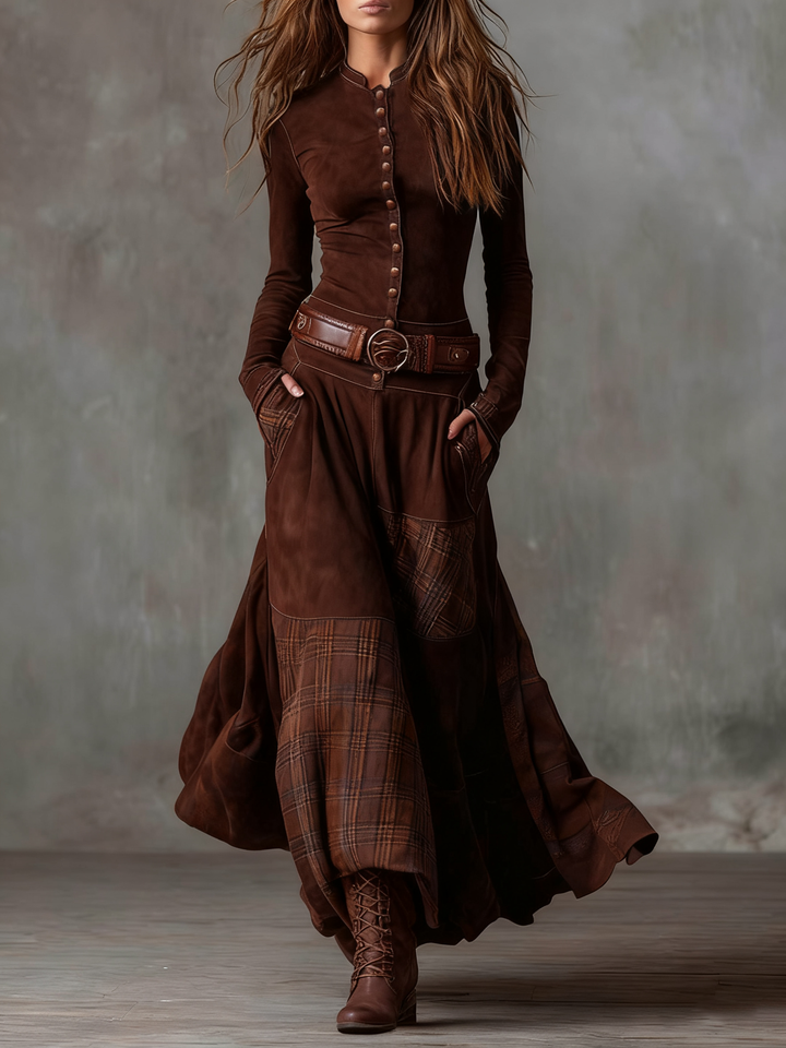 Robe Longue Femme Col Montant Boutonnée Ceinturée Bas Évasé à Carreaux