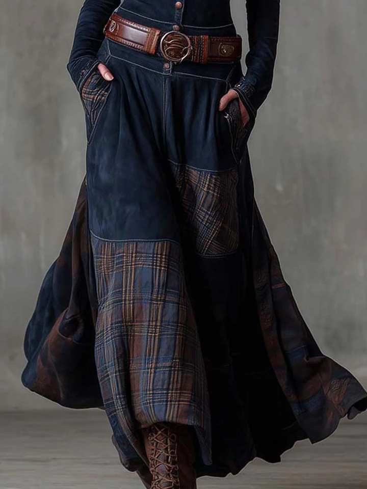 Robe Longue Femme Col Montant Boutonnée Ceinturée Bas Évasé à Carreaux