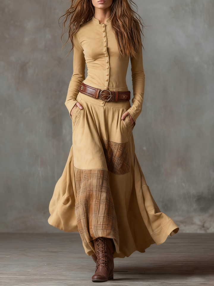 Robe Longue Femme Col Montant Boutonnée Ceinturée Bas Évasé à Carreaux